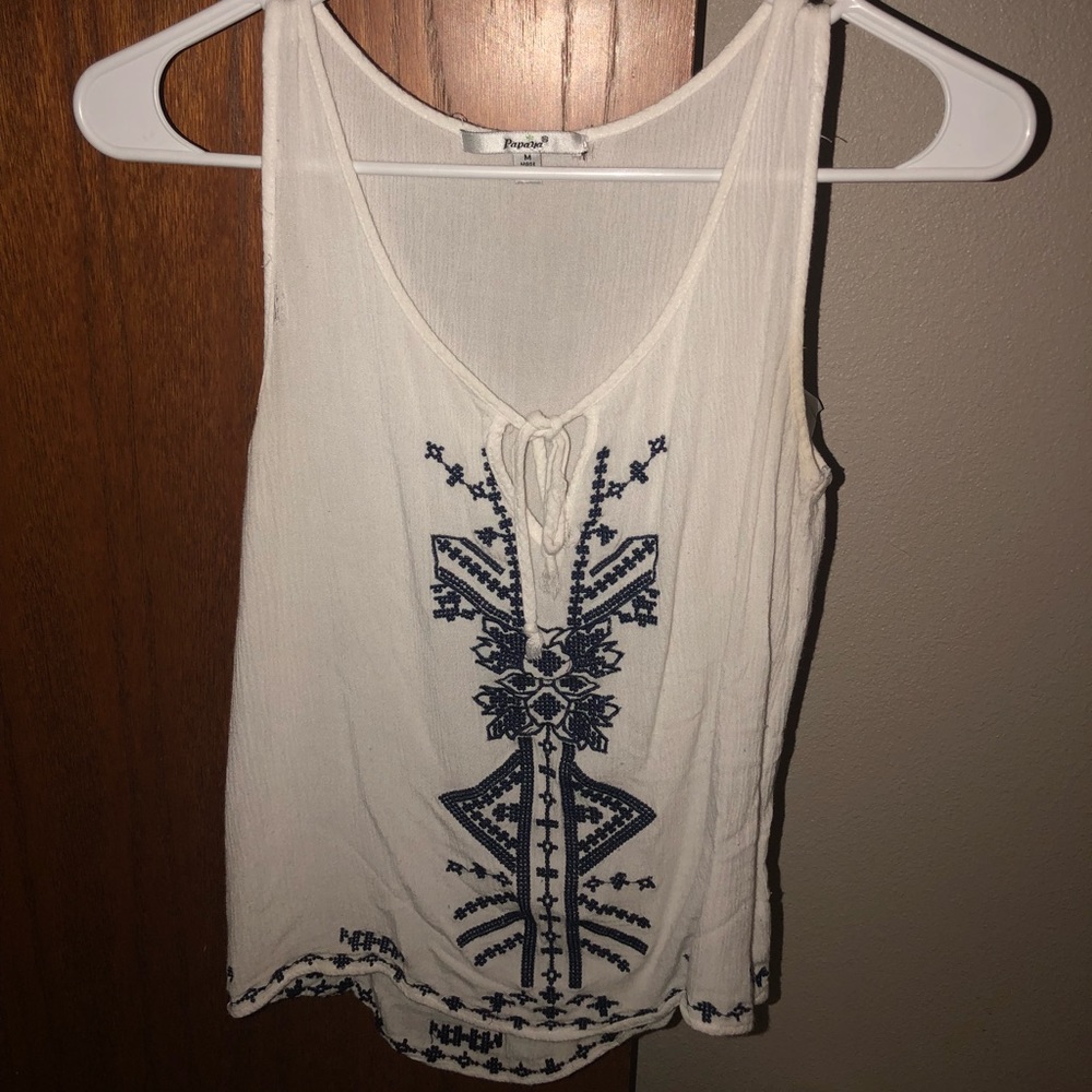 White and Navy Blue Embroidered Tank
